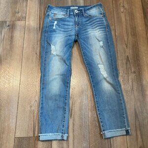 DENIZEN by LEVIS * Medium Wash LOW RISE SLIM CROP Factory Distress STRETCH sz 1